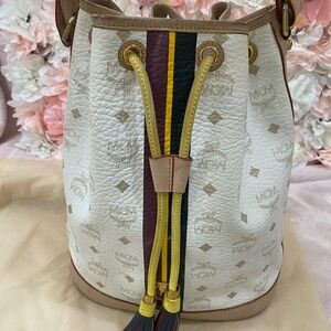 MCM Visetos White Coated Canvas Heritage Drawstring Bucket Bag